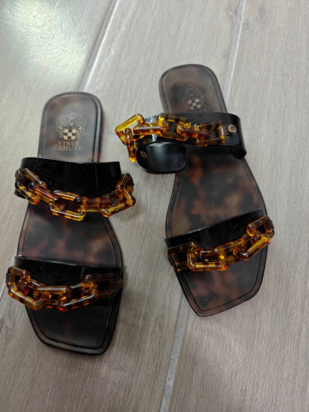 Vince Camuto Black Slide Sandals with Tortoiseshell Chain